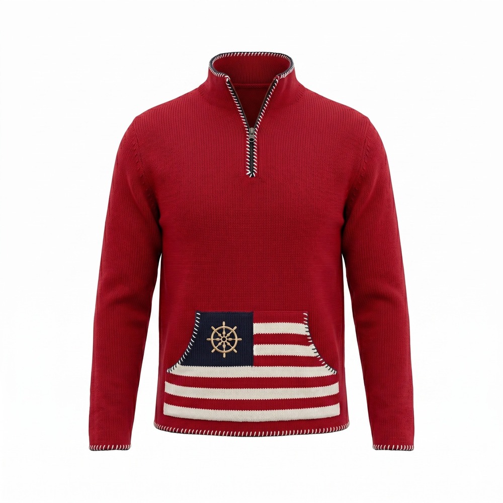 Villager Sport Liz Claiborne Sweater M Red Cotton Blend Quarter Zip Patriotic
